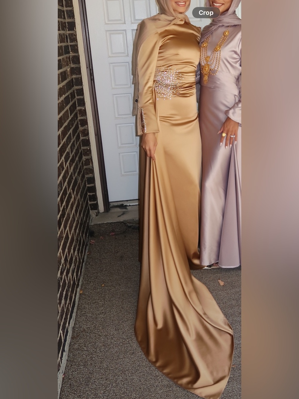 Gold Satin Maxi Long Sleeve Evening Gown with side skirt